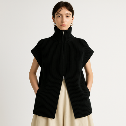 Gilet Zippé Sans Manches | Maille Côtelée | Look Minimaliste Structuré