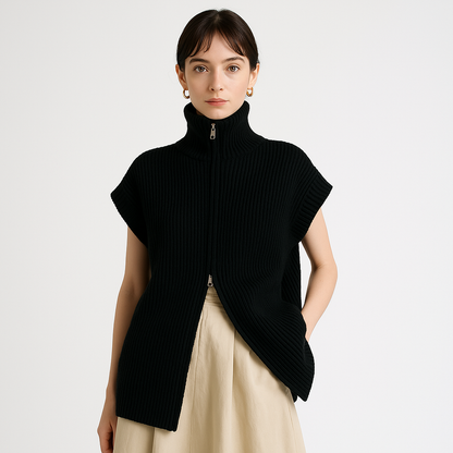 Gilet Zippé Sans Manches | Maille Côtelée | Look Minimaliste Structuré