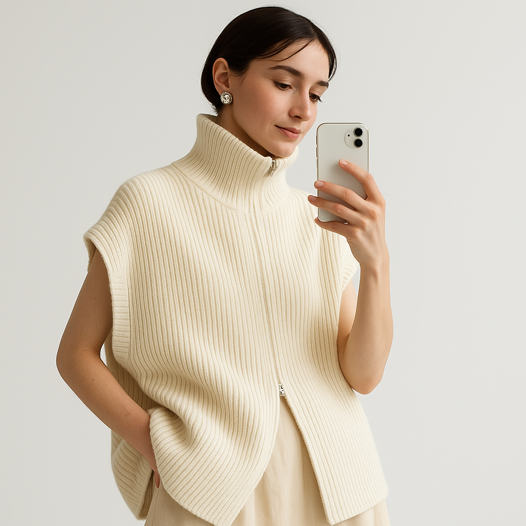 Gilet Zippé Sans Manches | Maille Côtelée | Look Minimaliste Structuré