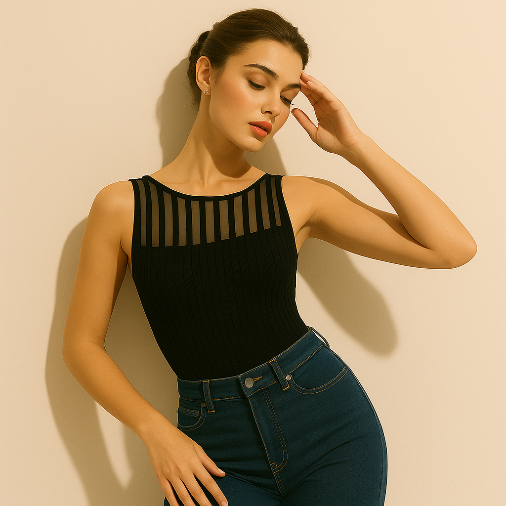 Top Sans Manches Transparent | Maille Côtelée | Encolure Montante Graphique