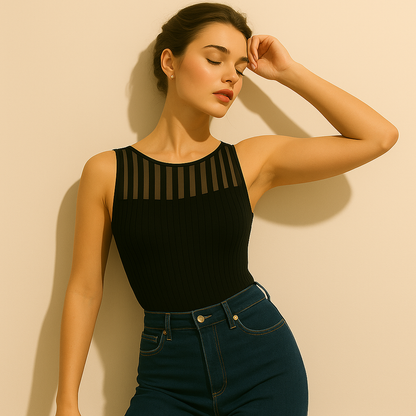 Top Sans Manches Transparent | Maille Côtelée | Encolure Montante Graphique