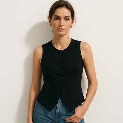 Top Tailleur Sans Manches | Boutonnage Central | Coupe Structurée
