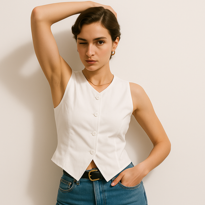Top Tailleur Sans Manches | Boutonnage Central | Coupe Structurée