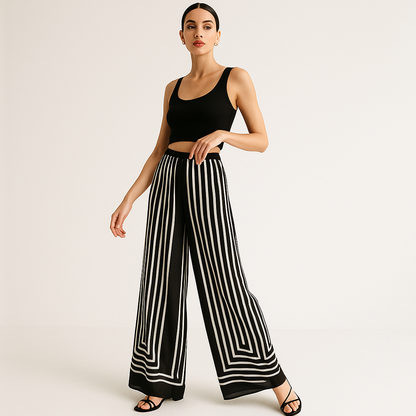 Pantalon Large | Rayures Graphiques | Fluide et Moderne