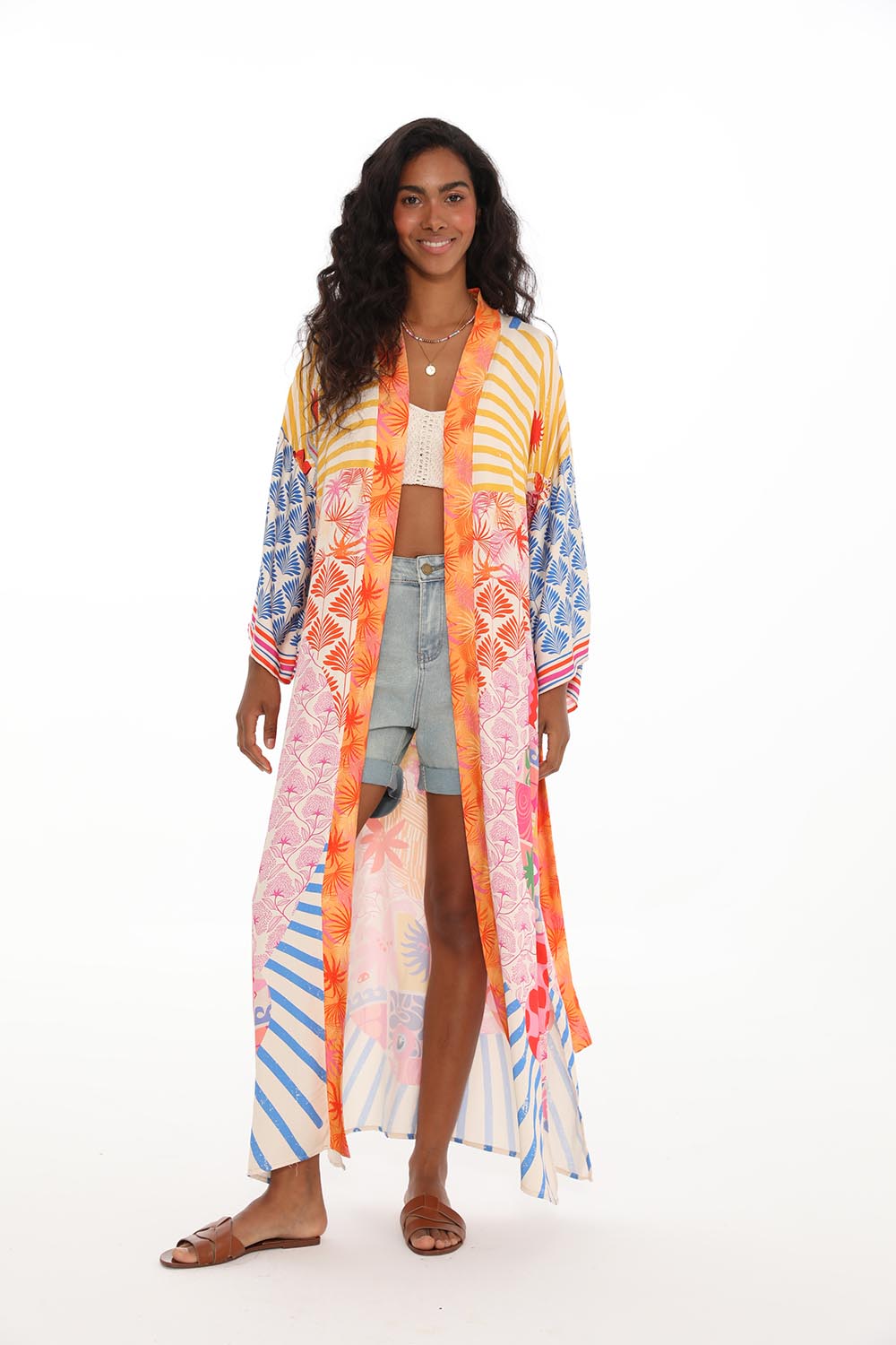 Kimono En Viscose | Long Et Fluide | Imprimé Graphique Coloré | Parfait Pour La Plage Et Les Looks D’Été Décontractés