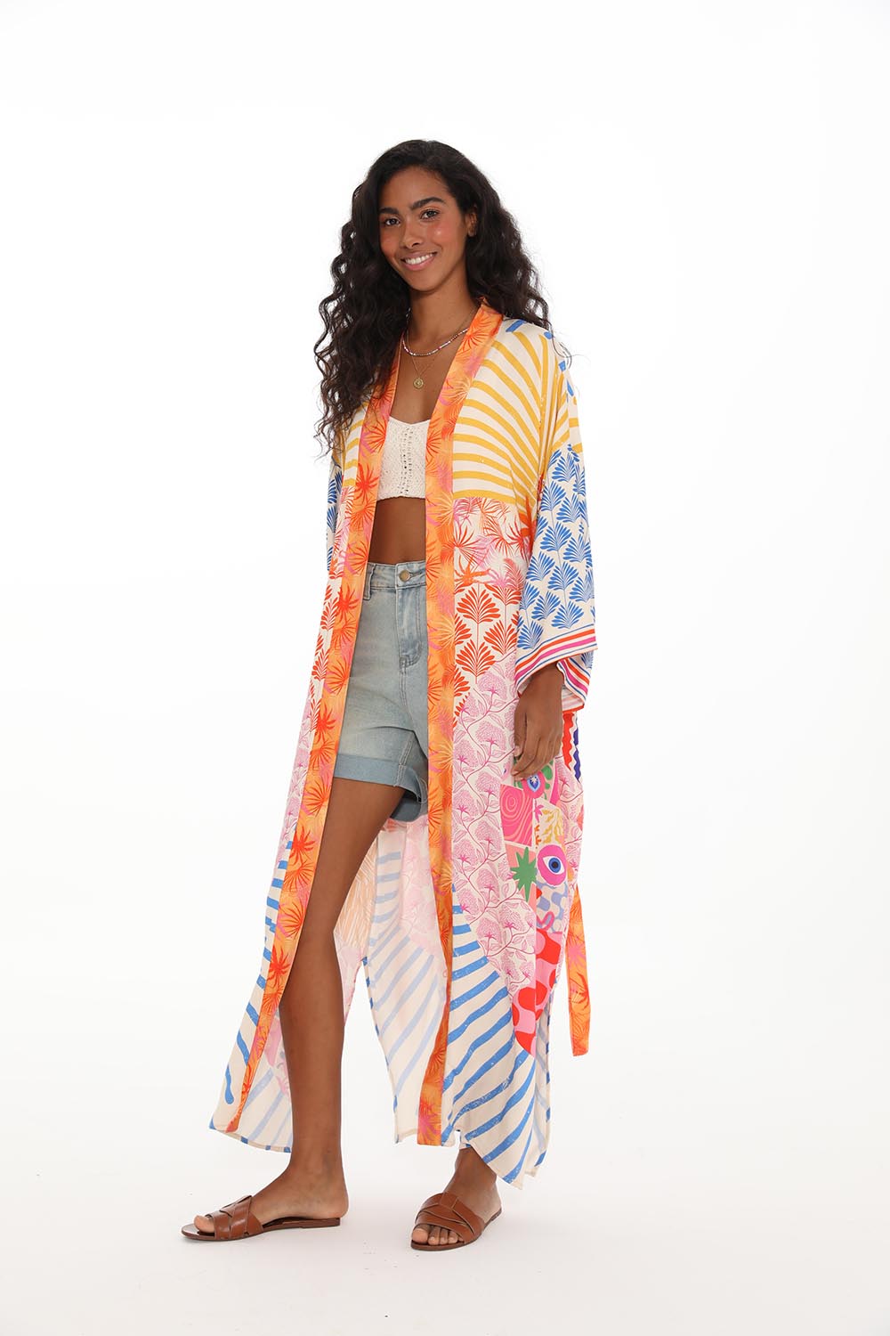 Kimono En Viscose | Long Et Fluide | Imprimé Graphique Coloré | Parfait Pour La Plage Et Les Looks D’Été Décontractés