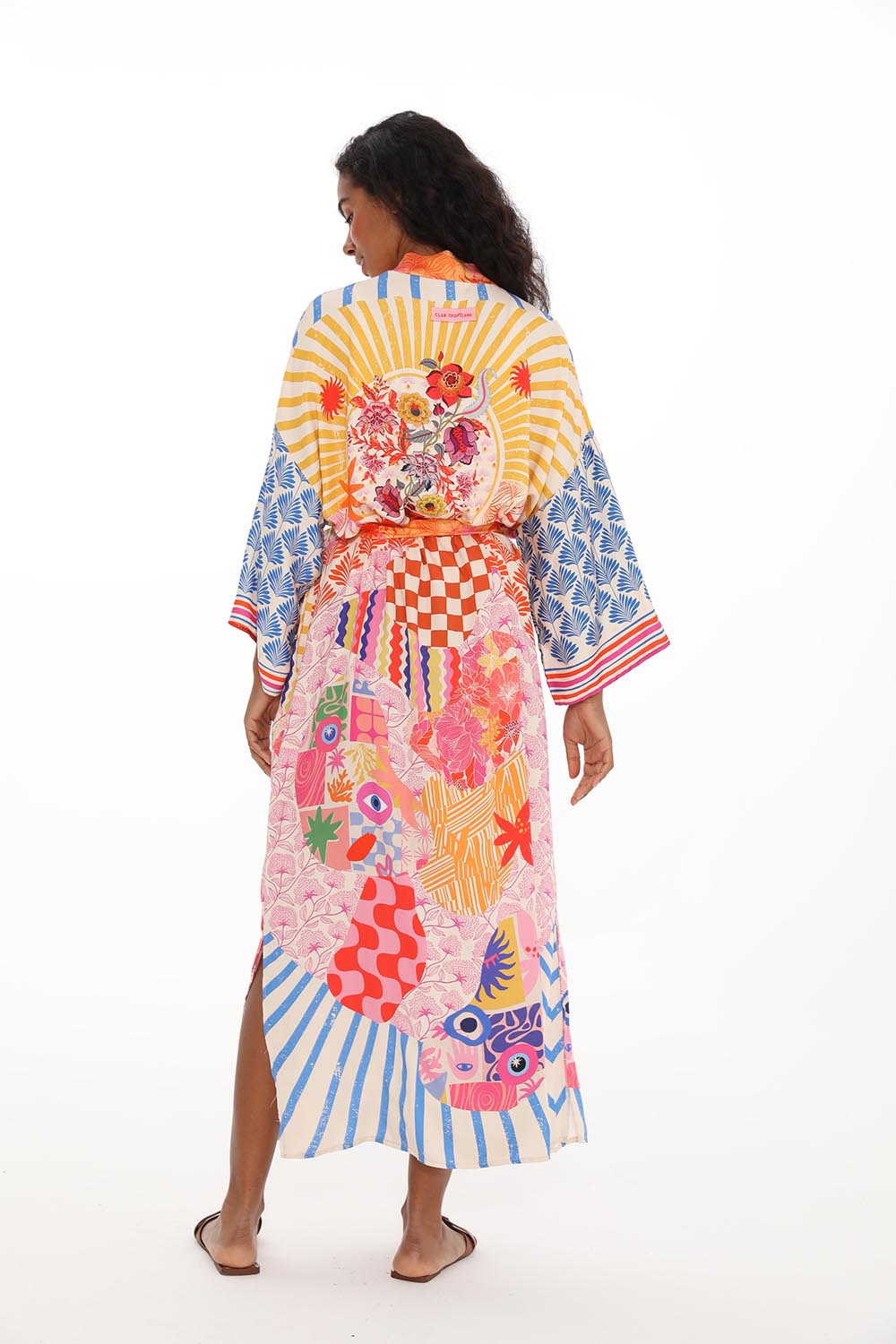 Kimono En Viscose | Long Et Fluide | Imprimé Graphique Coloré | Parfait Pour La Plage Et Les Looks D’Été Décontractés