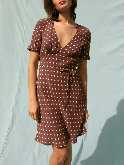 Robe A Pois Marron Vintage | Rétro & Féminine | Printemps & Quotidien | Tissu Fluide