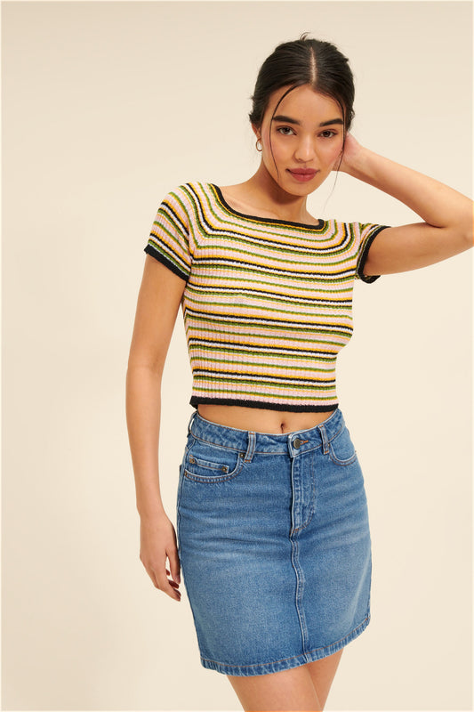 Top | Rayé Multicolore À Manches Courtes | Moderne Et Confortable | Pour Un Look Décontracté