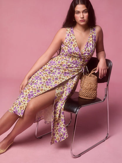 Robe Midi Fleurie Violet et Jaune | Vive & Féminine | Été & Balades Ensoleillées | Tissu Fluide