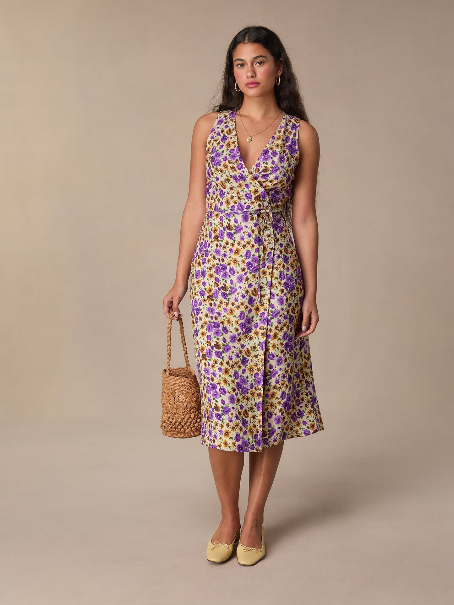 Robe Midi Fleurie Violet et Jaune | Vive & Féminine | Été & Balades Ensoleillées | Tissu Fluide