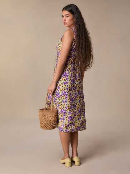 Robe Midi Fleurie Violet et Jaune | Vive & Féminine | Été & Balades Ensoleillées | Tissu Fluide