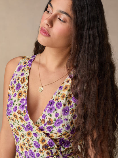 Robe Midi Fleurie Violet et Jaune | Vive & Féminine | Été & Balades Ensoleillées | Tissu Fluide