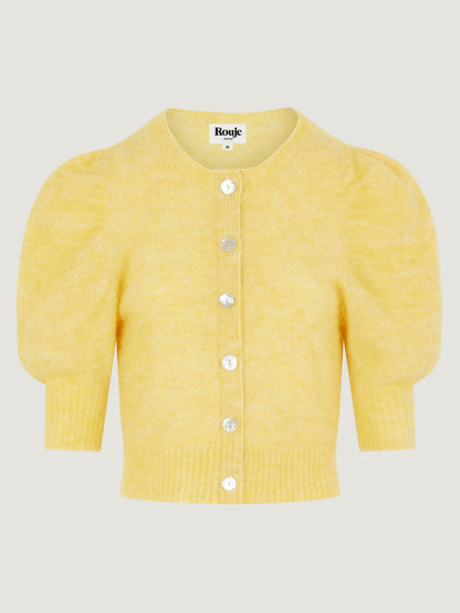 Cardigan  | Jaune À Manches Bouffantes Et Boutons Nacrés | Féminin Et Lumineux | Pour La Mi-Saison