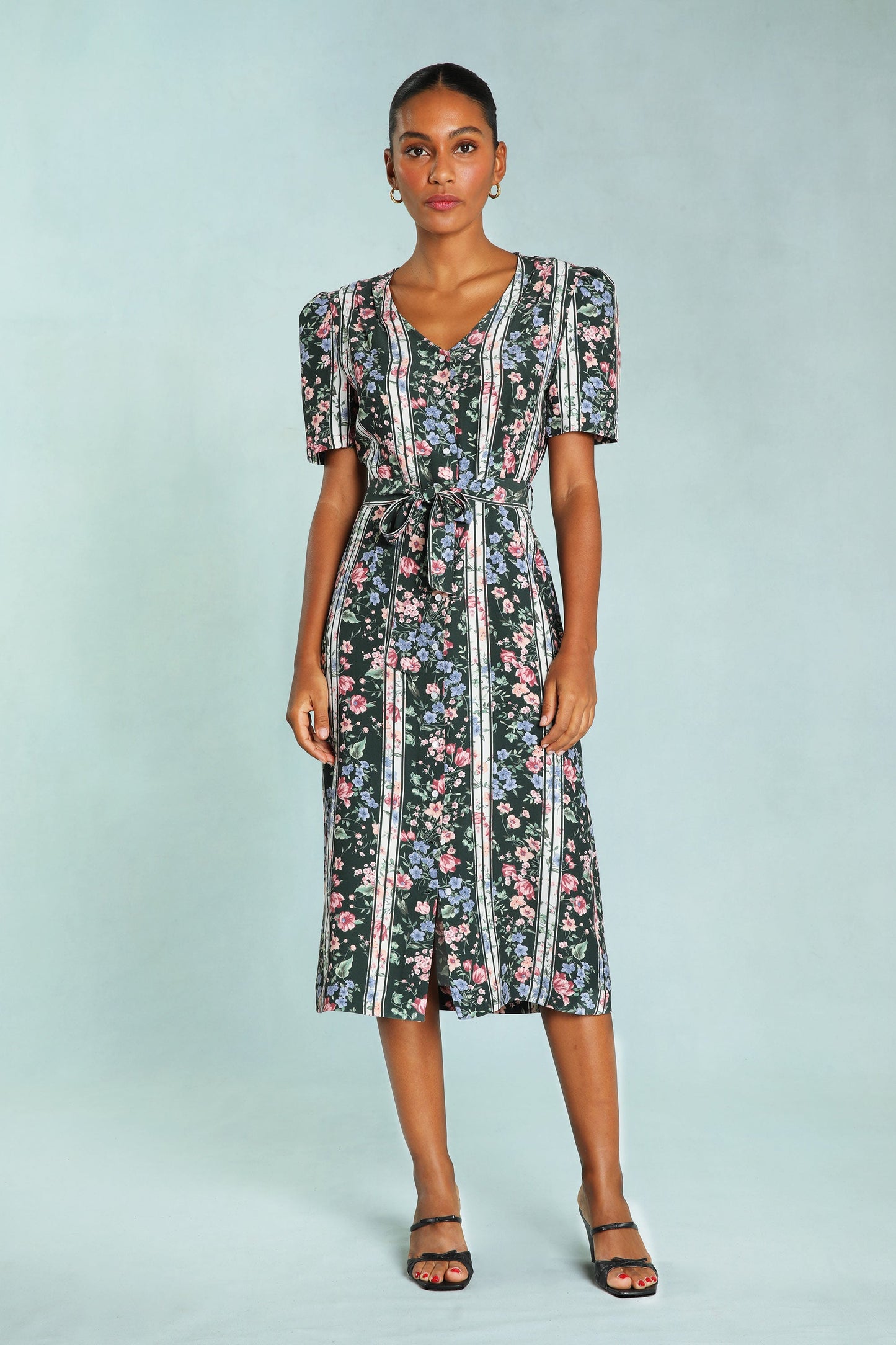 Robe Midi Fleurie Ceinturée | Vintage & Structurée | Printemps & Tenues Habillées | Tissu Fluide