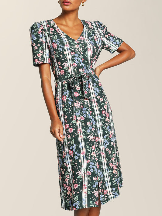 Robe Midi Fleurie Ceinturée | Vintage & Structurée | Printemps & Tenues Habillées | Tissu Fluide