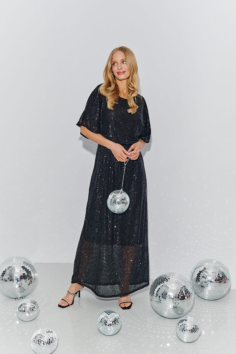 Robe Longue Femme | Tissu Pailleté Fluide | Taille Élastiquée Et Manches Amples | Parfaite Pour Les Soirées Et Événements Chic