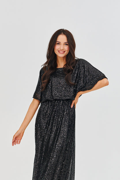 Robe Longue Femme | Tissu Pailleté Fluide | Taille Élastiquée Et Manches Amples | Parfaite Pour Les Soirées Et Événements Chic