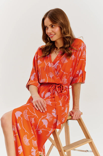 Robe En Viscose | Fluide Et Ceinturée | Imprimé Feuillage Léger | Parfaite Pour L’Été Et Les Vacances