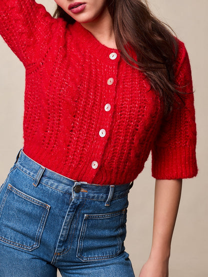 Cardigan | Rouge En Maille Torsadée À Boutons | Féminin Et Audacieux | Pour La Mi-Saison