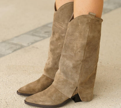 Bottes Femme | Cuir Véritable | Style Western | Marron Taupe Élégant