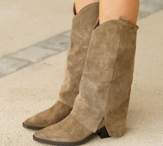 Bottes Femme | Cuir Véritable | Style Western | Marron Taupe Élégant