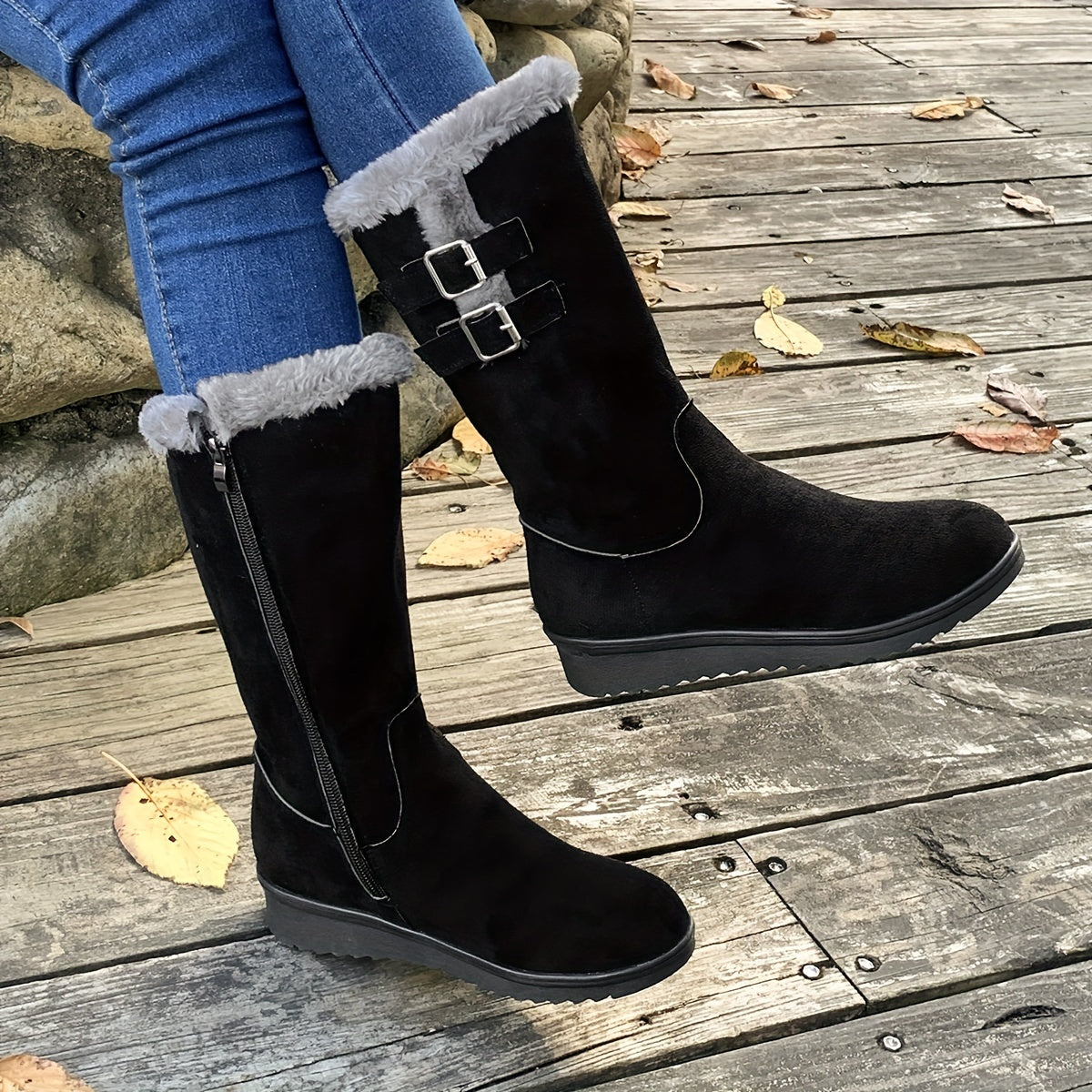 Bottes Femme | Mi-Mollet Fourrées | Chaudes Et Confortables | Pour L’Hiver Et Les Balades Extérieures