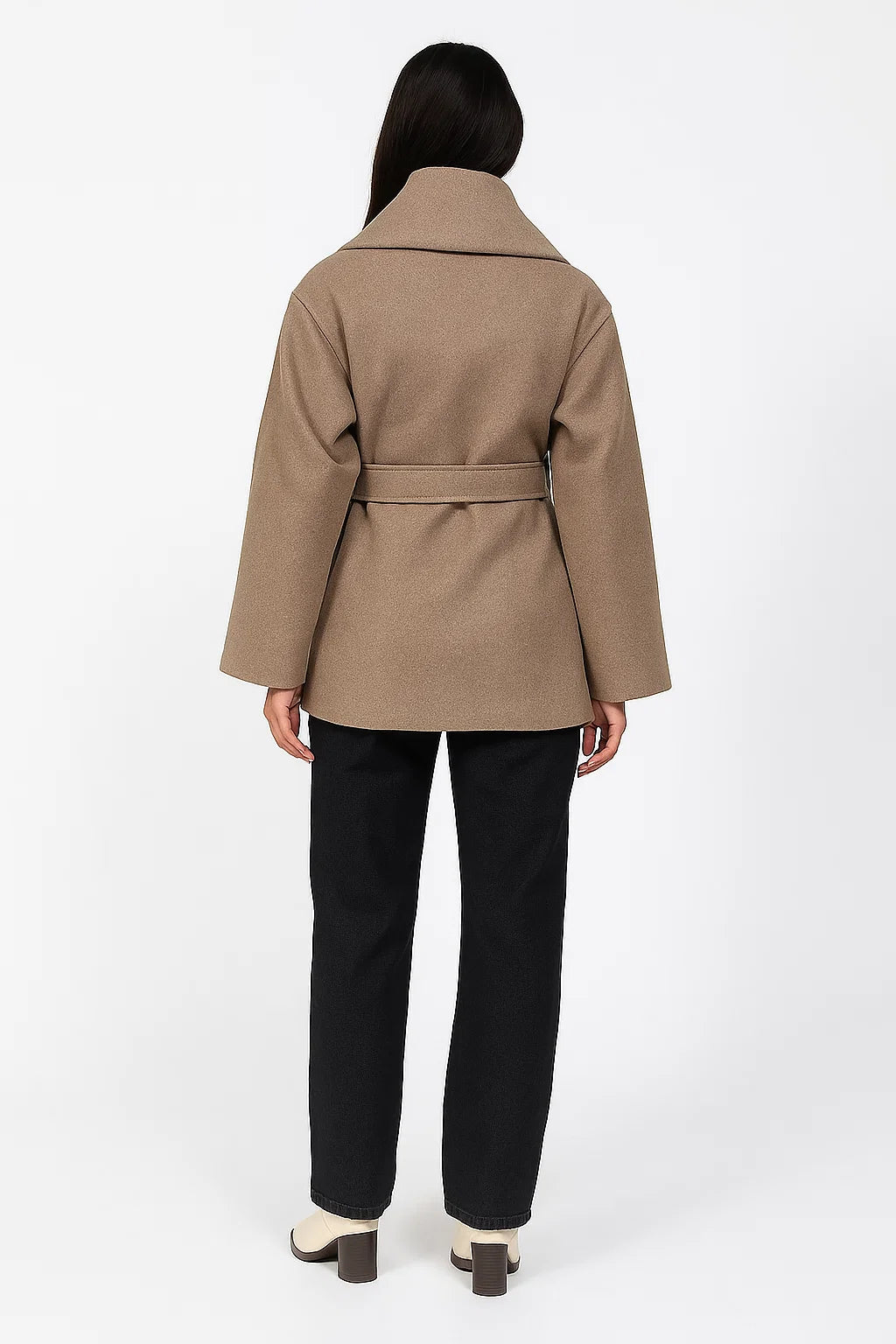 Manteau Femme | Col Large Drapé & Ceinture | Mélange Laine Et Polyester | Idéal Pour Un Look d’Hiver Élégant