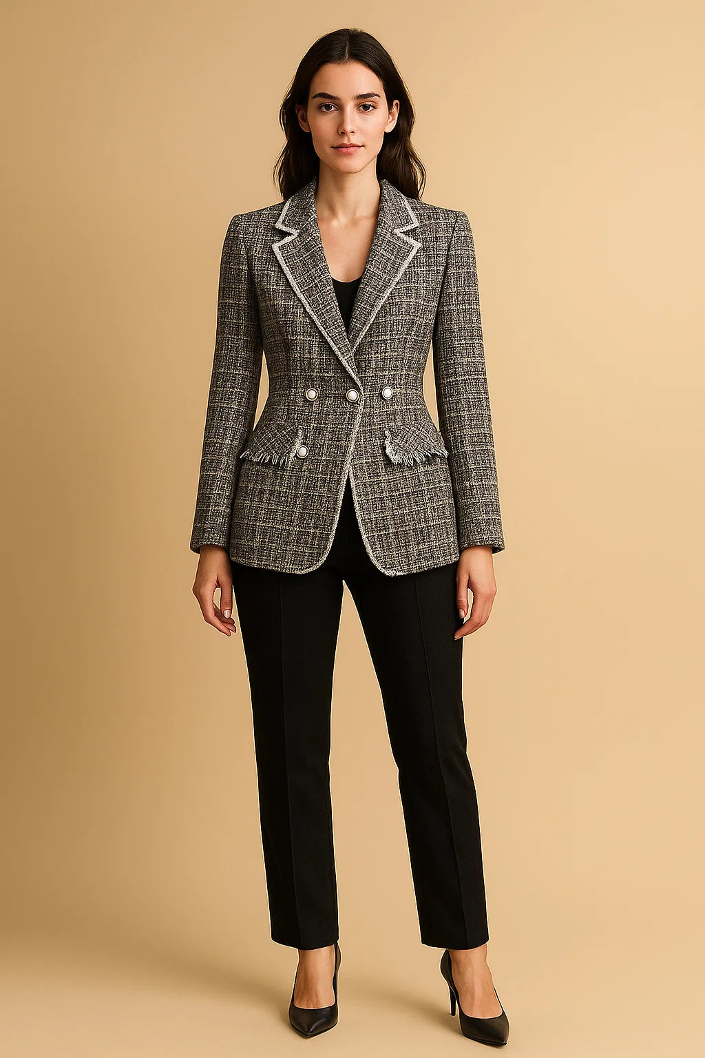 Blazer Cintré En Tweed À Boutons Nacrés | Élégant Et Structuré | Idéal Pour Le Bureau Ou Les Occasions Habillées