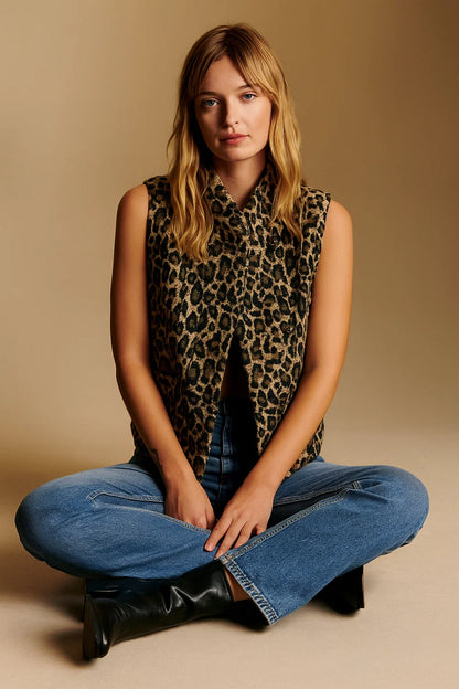 Gilet Sans Manches Imprimé Léopard | Mélange De Matières Chaudes | Idéal Pour Un Look Sauvage Et Confortable