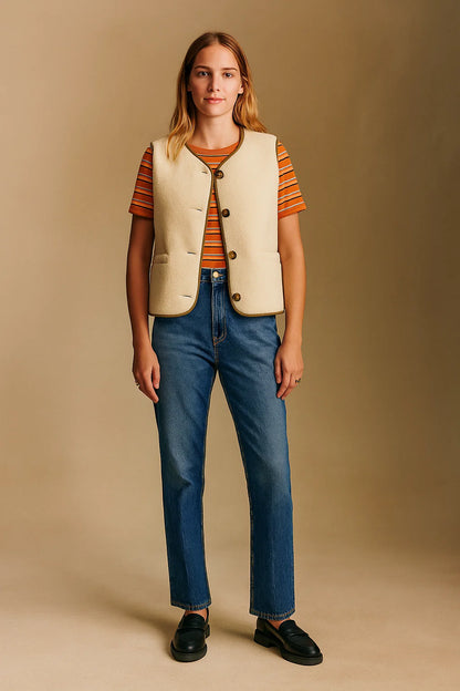 Gilet Sans Manches Effet Laine Bouclée | Polyester | Style Rétro Décontracté | Parfait Pour La Mi-Saison