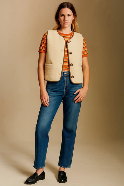 Gilet Sans Manches Effet Laine Bouclée | Polyester | Style Rétro Décontracté | Parfait Pour La Mi-Saison