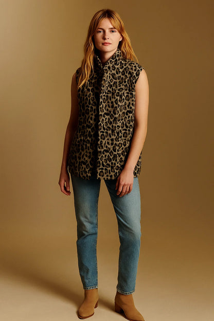 Gilet Sans Manches Imprimé Léopard | Mélange De Matières Chaudes | Idéal Pour Un Look Sauvage Et Confortable