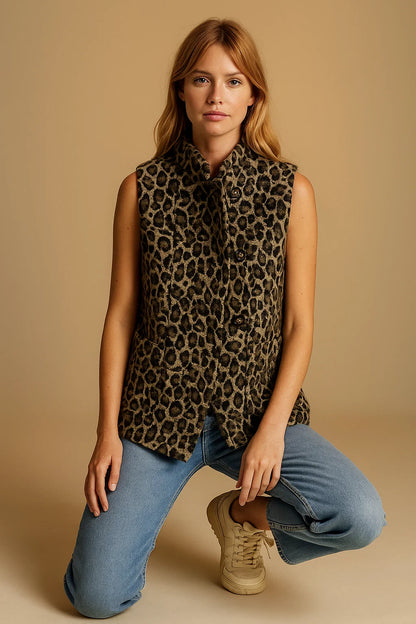 Gilet Sans Manches Imprimé Léopard | Mélange De Matières Chaudes | Idéal Pour Un Look Sauvage Et Confortable