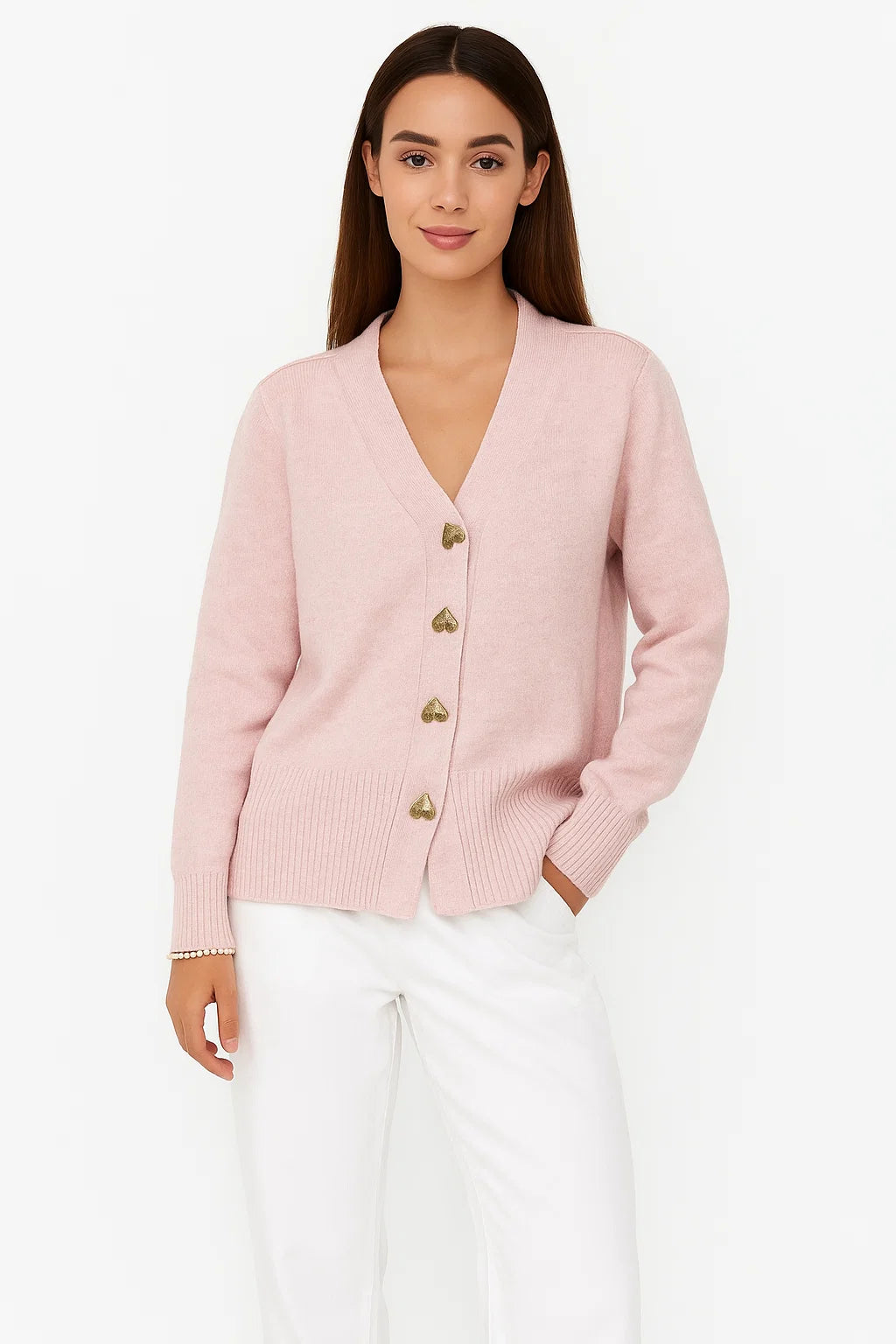 Cardigan Col V à Boutons Cœur