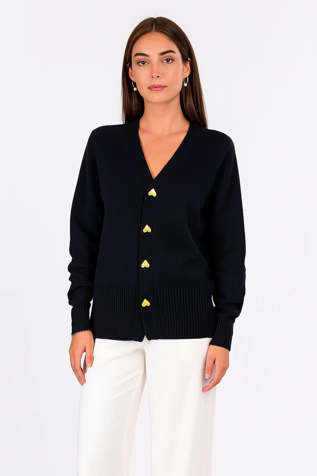 Cardigan Col V à Boutons Cœur