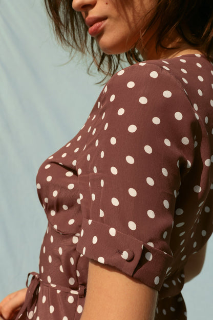 Robe A Pois Marron Vintage | Rétro & Féminine | Printemps & Quotidien | Tissu Fluide