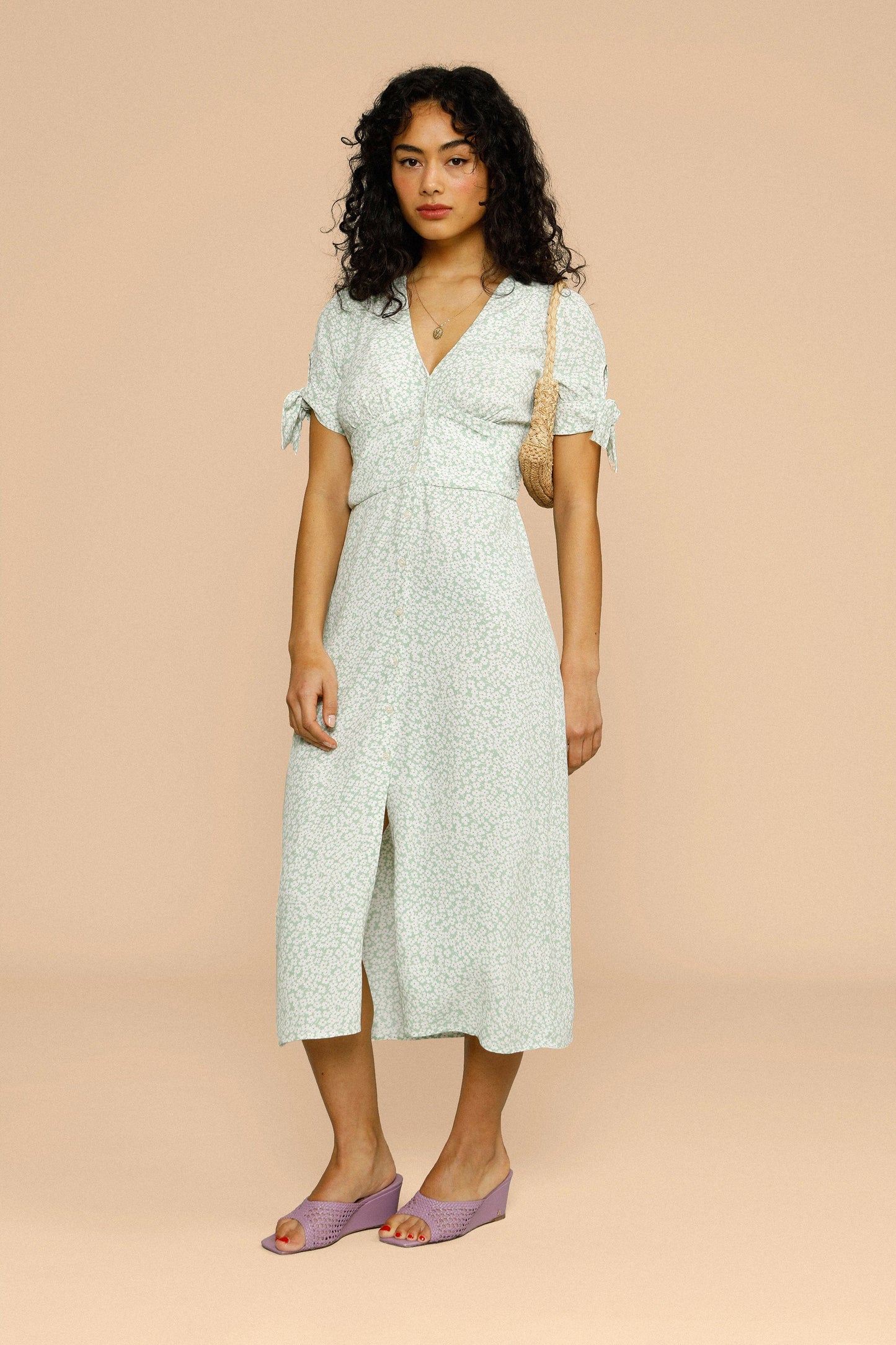 Robe Midi Vert Menthe A Imprimé Discret | Élégante & Aérienne | Printemps & Moments Doux | Tissu Léger