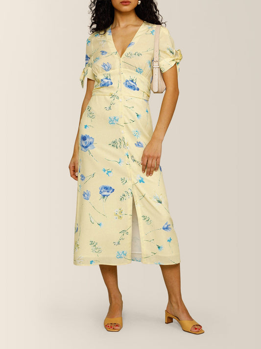 Robe Midi Jaune A Fleurs Bleues | Fraîche & Romantique | Printemps & Garden-Parties | Tissu Fluide