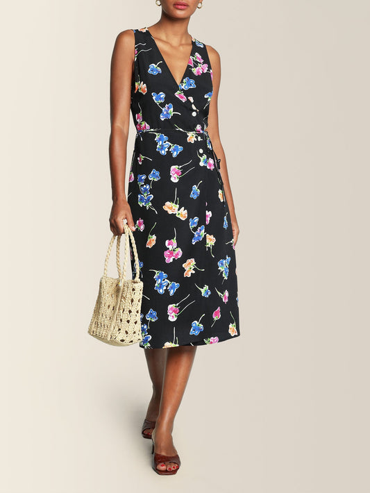 Robe Midi Fleurie Noire | Élégante & Intemporelle | Été & Occasions Habillées | Tissu Fluide