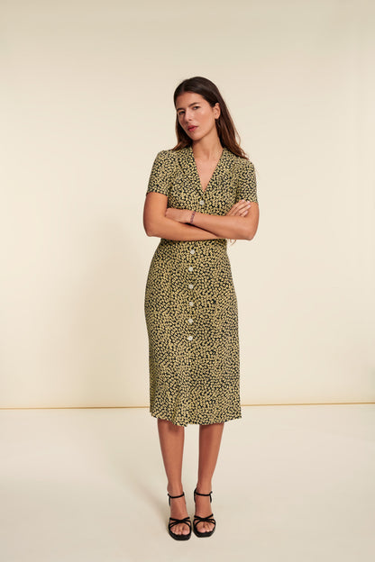 Robe Midi Imprimée Verte | Moderne & Légère | Printemps & City Looks | Boutonnée Fluide