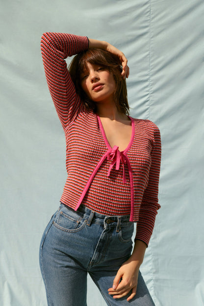 Cardigan | Rayé Rouge Et Rose À Nouer | Léger Et Féminin | Idéal Pour La Mi-Saison