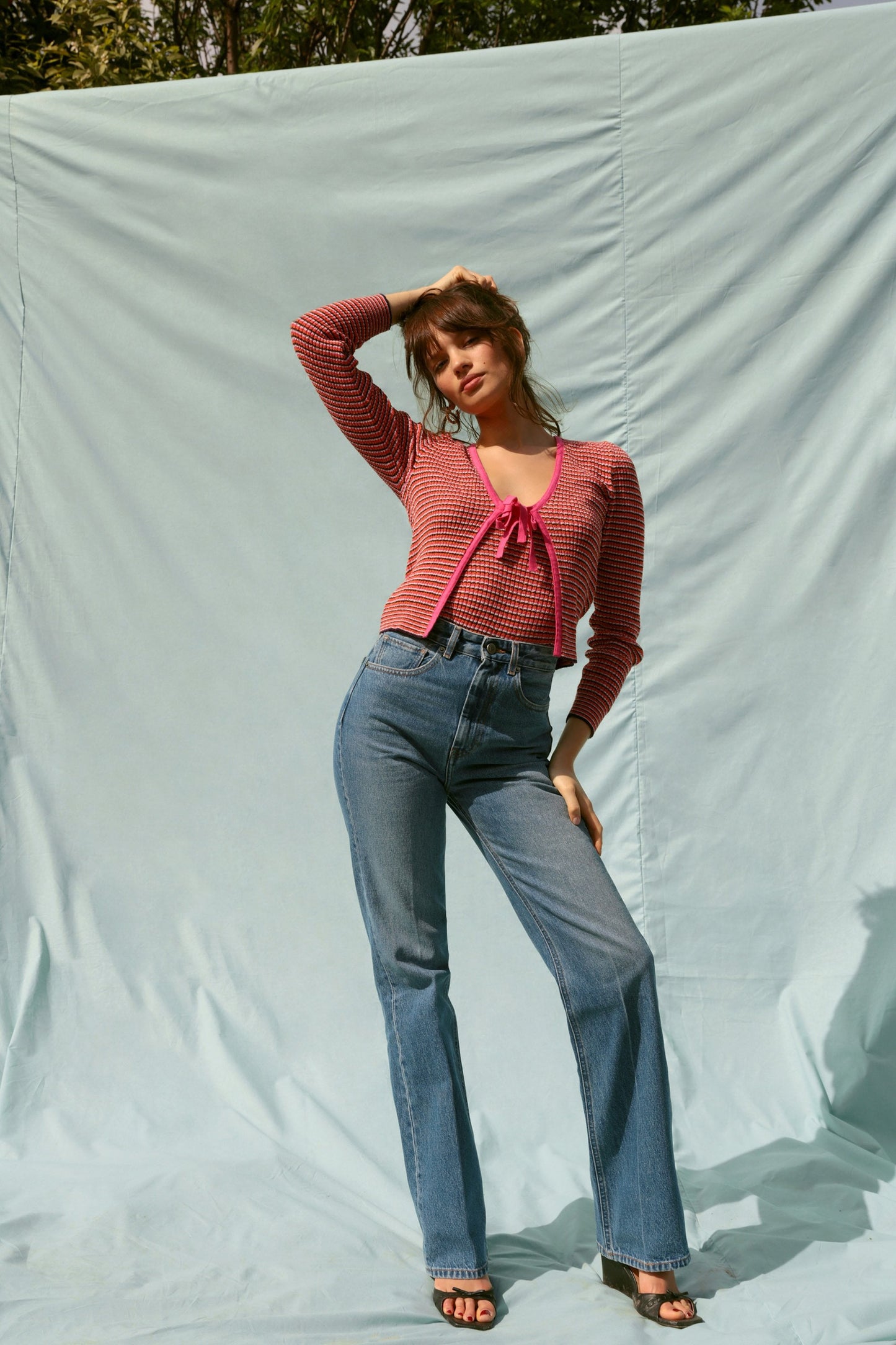 Cardigan | Rayé Rouge Et Rose À Nouer | Léger Et Féminin | Idéal Pour La Mi-Saison