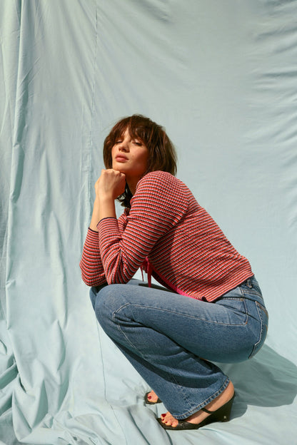 Cardigan | Rayé Rouge Et Rose À Nouer | Léger Et Féminin | Idéal Pour La Mi-Saison