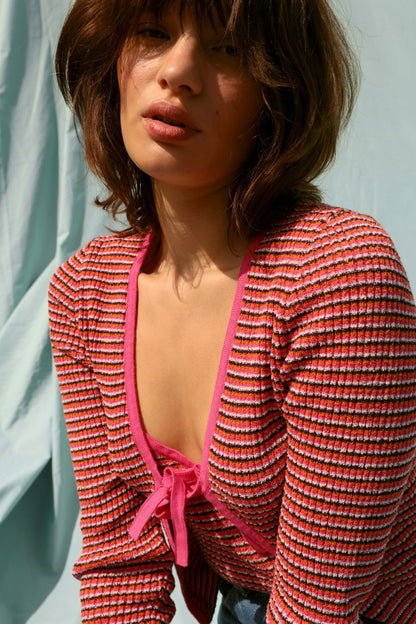 Cardigan | Rayé Rouge Et Rose À Nouer | Léger Et Féminin | Idéal Pour La Mi-Saison