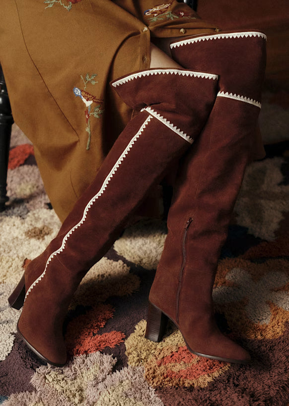 Bottes Femme | Cuissardes En Cuir Véritable | Élégantes Avec Détail Zigzag Contrasté